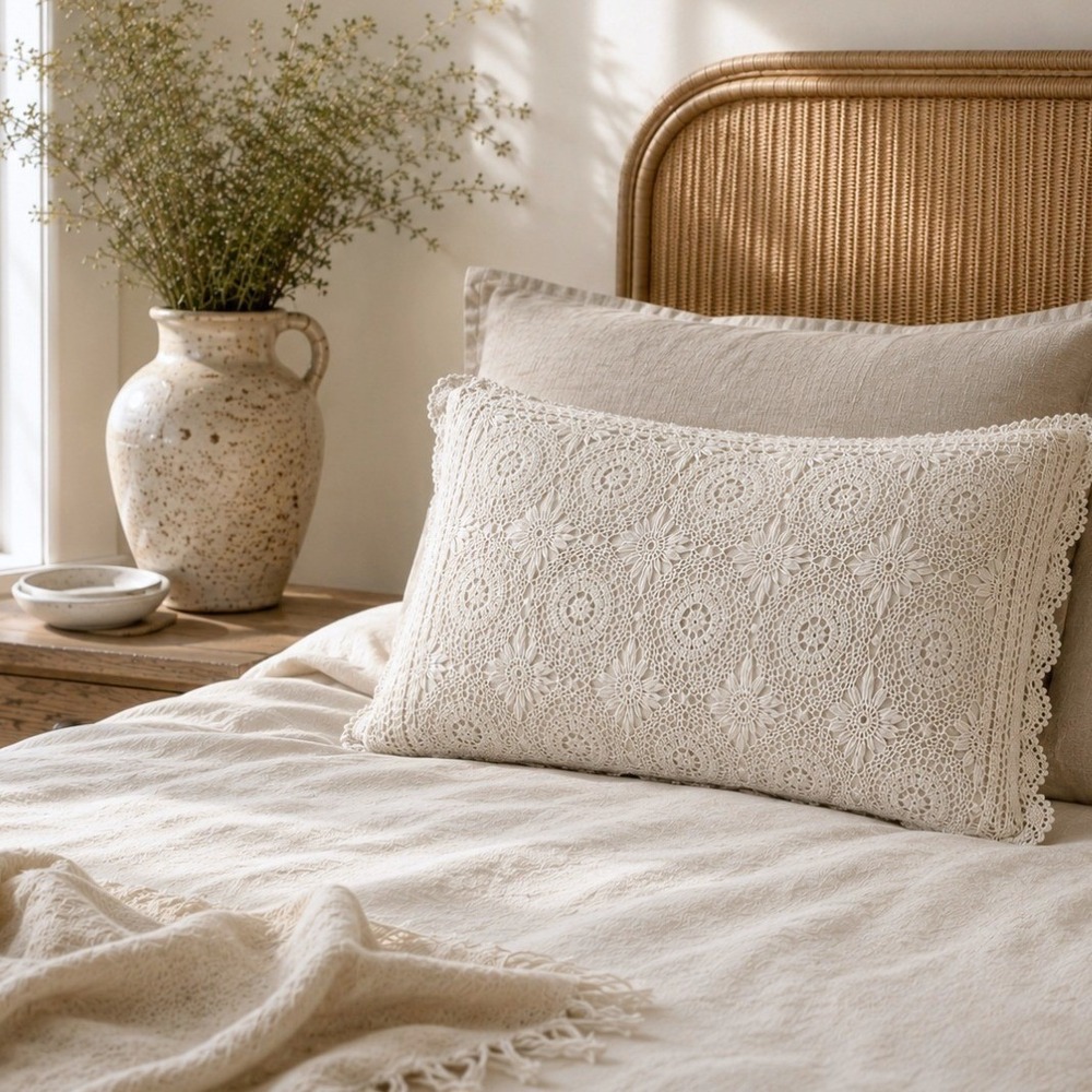 Crochet Lace Pillow Sham Floral Scalloped 27x19 Cream Cottage Boho Bed Victorian